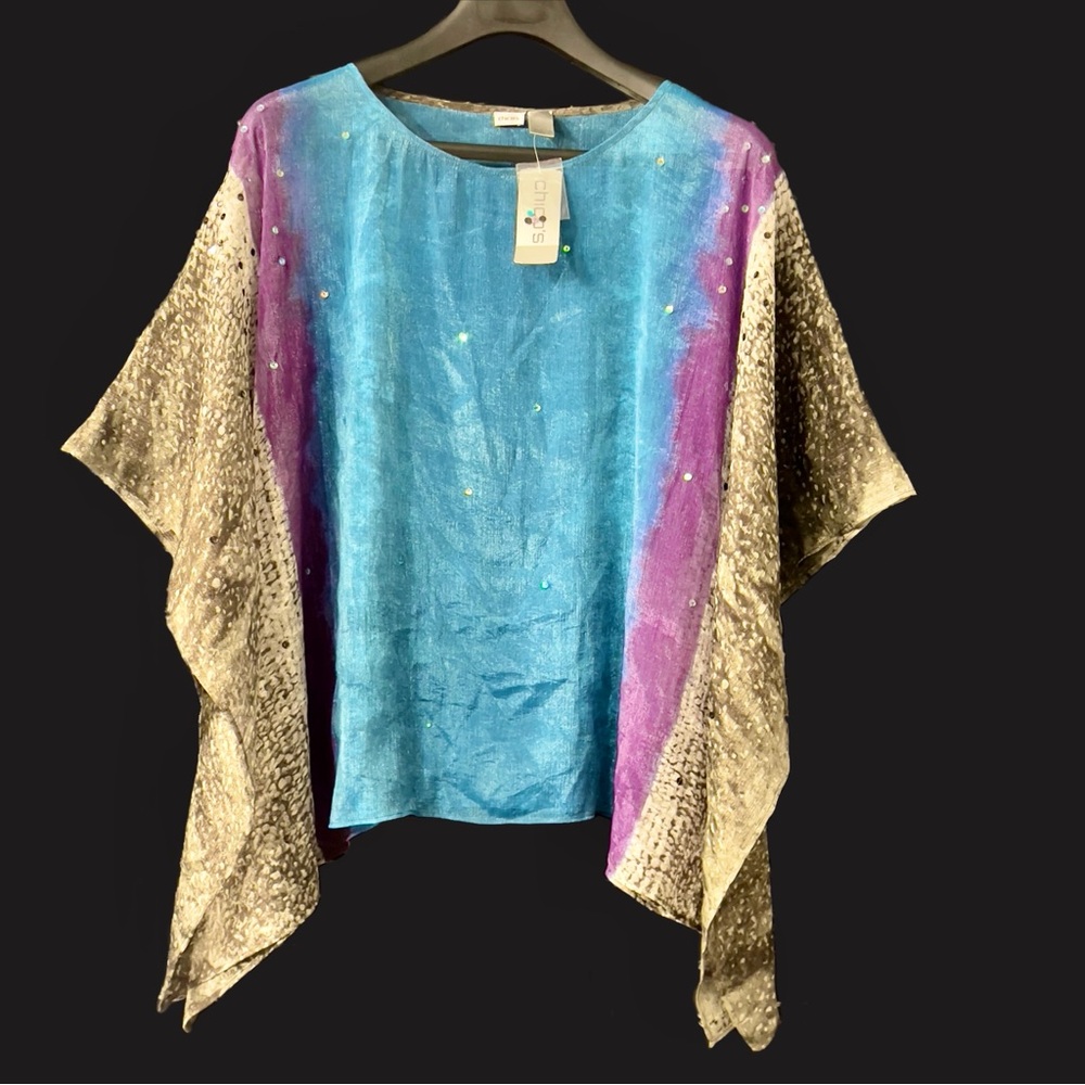 Chico's Scattered Sequin Sheer Poncho - Blue, Purple, Bronze, Size M/L NWT